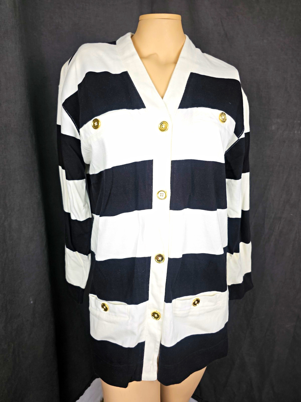 Vtg Navy Striped Knit Cardigan Gold Lion Buttons Old Money Classic Coastal S